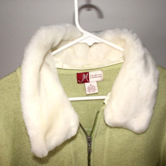 JM Collection Green 100% Wool Full Zip Sweater Jacket Removable Faux Fur Collar - Picture 5 of 8